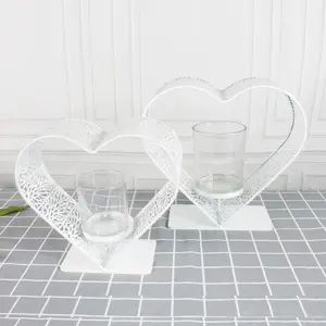 New design transparent glass candle holder with white love heart metal frame for outdoor hang out decor