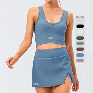 2024 S-2XL Large Size Ribbed Tennis Skirt With Shorts Custom High Waist Tennis Dress Sports Gym Golf Tennis Skirt With Pocket