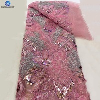 Sinya Promotion : Tissu en dentelle de tulle africain lourdement perlé de 5 yards, broderie de sequins, dentelle française en maille pour robe de mariée ou de soirée