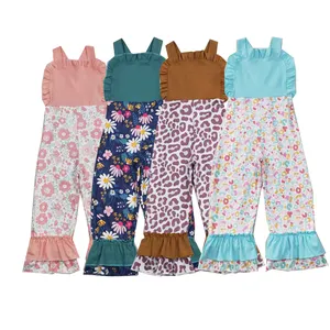 Groothandel Kinderkleding Hot Sale Westerse Boetiek Baby Meisjes Kleding Kleurrijke Luipaard Print Blauwe Kanten Overall Jumpsuit