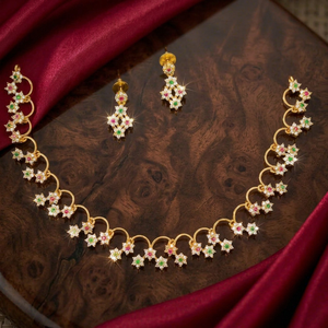 Elegant Matte Gold CZ Crystal Star Flower Chain <b>Necklace</b> Set Small Drop Earrings <b>Ruby</b> Pink Stone Minimalist Indian Jewelry - Product Image 1