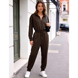 Mono de mujer de manga larga, de una pieza, cintura alta, estilo jogger, cuello simulado, informal, para estar en casa, con bolsillos, transpirable, para uso diario - Product Image 4