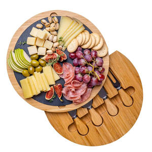 Plateau de service rond pour pique-nique en bambou avec plateau à fromage, ensemble de couteaux et <span class=keywords><strong>ardoise</strong></span> - Product Image 1