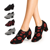 Chaussures de danse latine pour femmes, tango, danse de salon, dessus en tissu Oxford, talon de 5 cm, semelle extérieure en daim, chaussures d'entraînement noires