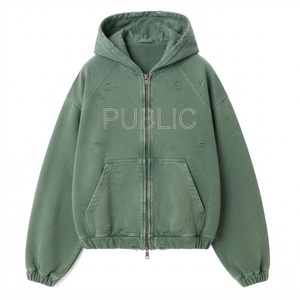 Sweat à capuche zippé unisexe surdimensionné et vieilli pour homme, 100 % coton, style streetwear, épais, avec strass, collection automne – Fabricant - Product Image 1