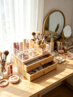 Organisateur de bureau en bambou et acrylique avec 2 tiroirs, boîte de rangement multifonction, organisateur de comptoir de salle de bain pour le bureau, les cosmétiques et les soins de la peau