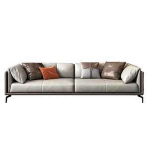 Italian minimalist leather sofa Nordic simple villa modern light luxury living room straight row Napa Leather down