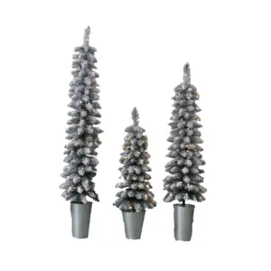 3-Pcs Set of Flocked Christmas Trees in Tin Bucket with Warm White LED Lights