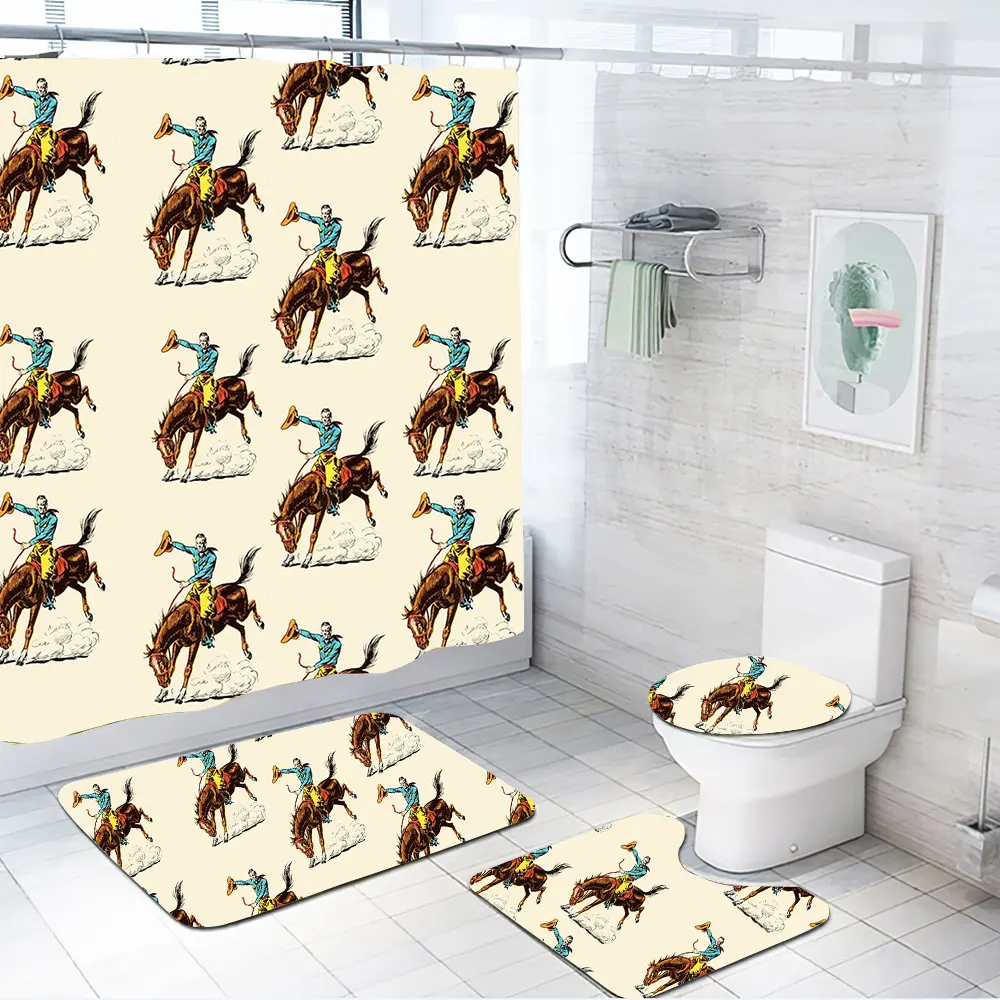 Wholesale Personalized Custom Western Theme Style Cow Sunflower Print Shower Curtain Mat Bathroom Set