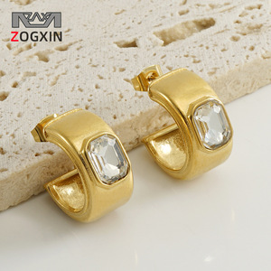 ZOGXIN Gold Plated C Shape Stud Earrings With Crystal Geometric Design For Women Party Jewelry - Product Image 1