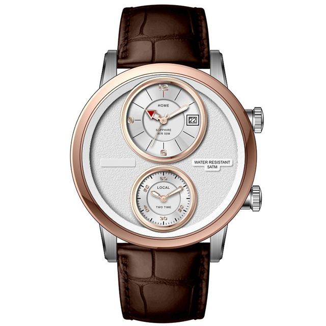OEM Wholesale Custom Brand LOGO Dual Time Men Watch with 2 Movements 316L Stainless Steel Case and Calf Leather Strap P4560M