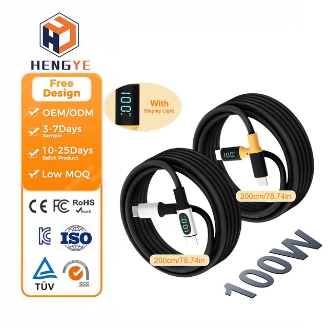 Superior PVC 5A 100cm LED Display Type C Charging Cord 100w Type-c to Usb-c Cable Pd 3.0 Quick Charge 100w Usb c Cable 2 m