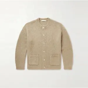 Knitwear Manufacturer Custom Autumn Winter Khaki Crew Neck Long Sleeve Single Breasted Alpaca Wool Sweater Men