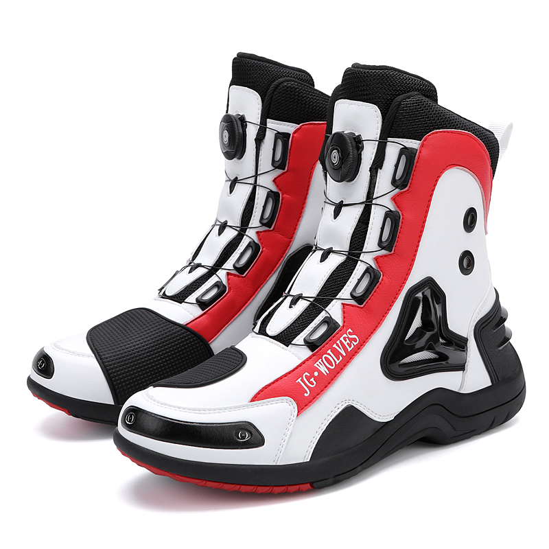 Botas de couro para motociclista, botas de couro masculinas com dedo alto impermeável e respirável, preto e vermelho