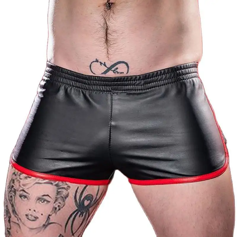 Men's sexy pu black quick dry high stretch resistant water and dirt sports shorts leather pants