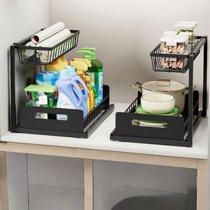 Étagère de rangement rotative à double niveau en acier au carbone, prête à l'emploi, pour évier, sous comptoir, armoire, comptoir de cuisine, ou comme étagère à vêtements pour salon - Product Image 3
