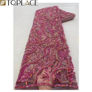 Harga Pabrik Kain Lace Prancis Warna Merah Dengan Payet & Manik-Manik Bordir Mewah Tulle Nigeria untuk Gaun Pesta Pengantin - Product Image 2