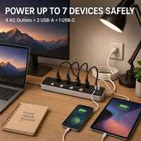 Stop Kontak Universal 5 Lubang Tipe EU, 4 Tingkat, dengan 2 USB-A, 1 USB-C, Kabel 1.8m, Proteksi Beban Berlebih, Material Kuningan dan ABS