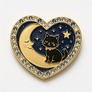 Épingle en métal plaqué or en forme de cœur avec motif chat noir, lune et étoiles, émail dur, alliage de zinc, thème animal, Saint-Valentin - Product Image 6