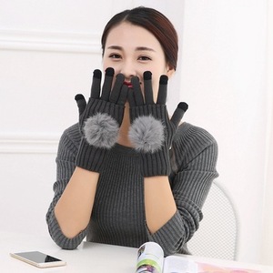 Gants d'hiver chauds sans doigts pour femmes, mitaines en laine tricotée avec pompon en fourrure de lapin, gants tactiles pour moto et cyclisme - Product Image 1