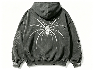 Sudadera con Capucha Vintage Lavada y Desgastada con Diseño de Araña, 100% Algodón Felpa, con <span class=keywords><strong>Detalles</strong></span> Rotos, Sudadera Pesada Estilo Urbano para Hombre - Product Image 1