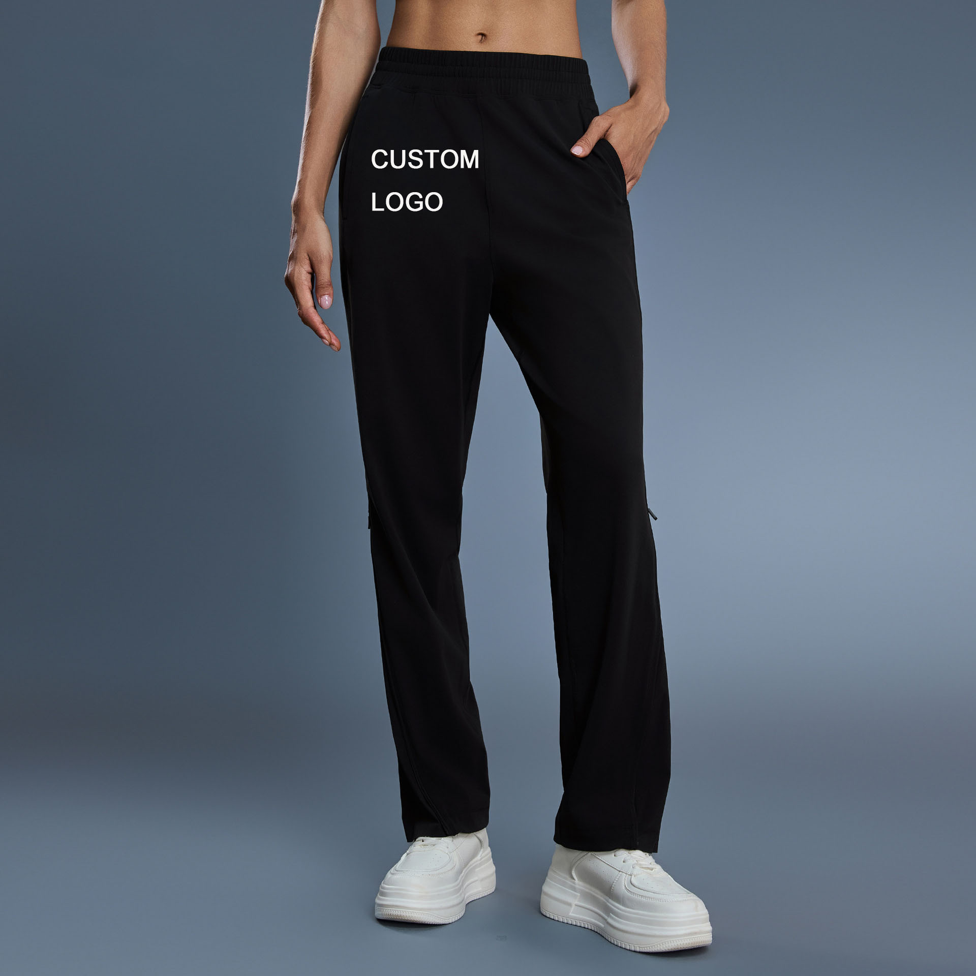 Women's Casual Loose High-Waisted Solid Color Breathable Zipper Leg Boot-Cut Nylon Spandex Sports Running Pants