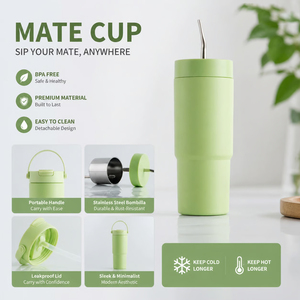 Vaso de Viaje 3 en 1 para <span class=keywords><strong>Yerba</strong></span> <span class=keywords><strong>Mate</strong></span> con Logotipo Personalizado, Taza Deportiva de Acero Inoxidable 304 con Pajita Metálica y Estructura Antiderrames - Product Image 1