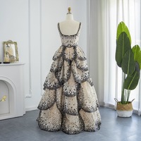 Nouvelle Robe Longue de Soirée Bustier Sexy Noire à Paillettes Superposées et Volants avec Bretelles