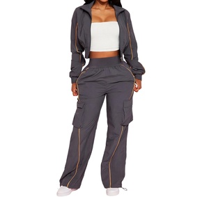 Viviblook Z311ST09 Conjunto Casual de Yoga para Mujer, Chaqueta con Cremallera y Bolsillos con Rayas y Parches, Pantalones Cargo, Conjunto de Dos Piezas Tallas Grandes - Product Image 4
