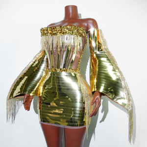 Minivestido de malla con cordones y borlas doradas de lujo para grupo femenino, traje de baile sexy, ropa de escenario, Drag Queen - Product Image 3
