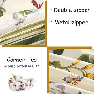 Reversible Duvet Cover Set Durable Floral 100% Cotton <strong>Green</strong> and Beige <strong>Striped</strong> Shabby Flower <strong>Bedding</strong> Soft with Zipper - Product Image 3