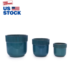 Ensemble de 3 pots de fleurs en céramique Mdj, design côtelé verni, pour l'intérieur et l'extérieur, style moderne minimaliste - Product Image 1