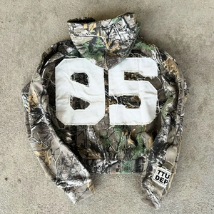 Fabricación de prendas Bordado Vintage Impresión completa Árbol real Desgastado Cremallera Sudadera de invierno 600gsm Sudaderas con capucha de peso pesado - Product Image 1