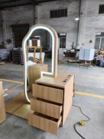 Miroir de coiffure en bois avec armoire, double face, LED, texture cannelée, pour salon, avec rangement