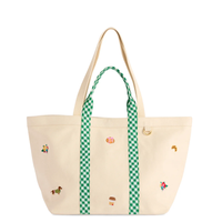Sac fourre-tout en toile brodée grande capacité pour femme, sac à bandoulière réutilisable pour la plage, les voyages et le shopping avec sangle à carreaux.