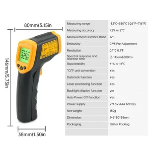 สำหรับ AR320 จอแสดงผล LCD IR เครื่องวัดอุณหภูมิแบบดิจิตอล -32~380C(-26~716F) ปืนเลเซอร์แบบไม่สัมผัส ความละเอียด 0.1C/0.1F - Product Image 6