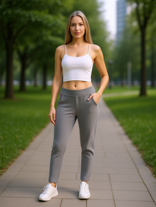 Pantalon femme J816R taille haute en maille, longueur cheville, avec poches, respirant, en coton et élasthanne, couleur unie, coupe droite décontractée - Product Image 2