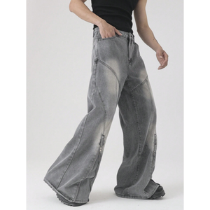 <span class=keywords><strong>Jeans</strong></span> Oversize a <span class=keywords><strong>Gamba</strong></span> <span class=keywords><strong>Larga</strong></span> da Uomo in Denim Grigio Effetto Acid-Wash con Cerniera Laterale Unisex Stile Futuristico - Product Image 3