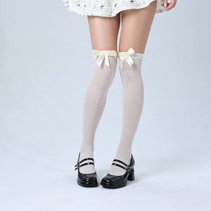 White Over The Knee Stockings With Bow Sweet Lolita Style For Women Ultra Thin 0D Transparent Solid Color Polyester Fiber - Product Image 3