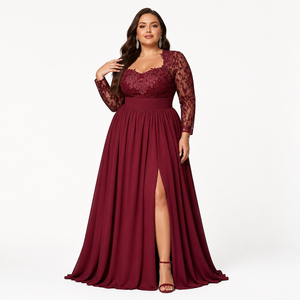 Abito da sera formale in chiffon taglie forti <span class=keywords><strong>con</strong></span> scollo a cuore, maniche lunghe in pizzo effetto illusione, applicazioni floreali in pizzo, vita arricciata e <span class=keywords><strong>spacco</strong></span> frontale - Product Image 3