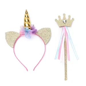 Kids Pretty Hair Hoop Gold Unicorn Headband Colorful Fairy Stick Glitter Hair Ties For Girls Party Princess Dress Up Hair Band