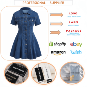 218735 Abiti Estivi in Denim Personalizzati per Donne, Classico <span class=keywords><strong>Vestito</strong></span> Corto in <span class=keywords><strong>Jeans</strong></span> con Bottoni, Maniche Corte e Colletto Rovesciato - Product Image 3