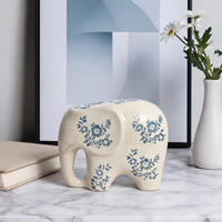 Statue d'éléphant en porcelaine blanche à glaçure craquelée avec motif floral vert, décoration de table pour la maison