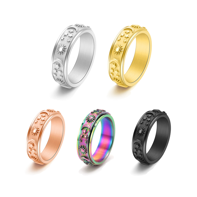 Moon Sun Star Pattern Titanium Steel Ring Men Women Fashion Wide Band Stainless Steel Jewelry
