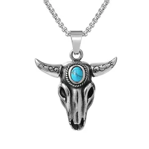 Collar de plata de acero inoxidable Unisex, colgante de cabeza de toro turquesa, Animal, cráneo