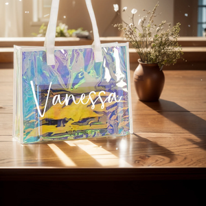 Factory Wholesale Iridescent Laser Tote Holographic <b>Bag</b> Custom Logo <b>Reusable</b> Shopping <b>Bag</b> Rainbow Hologram Clear PVC Tote <b>Bag</b> - Product Image 2