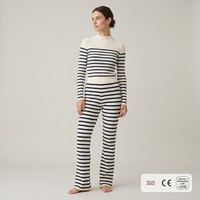 Ensemble tricoté côtelé personnalisé pour femme, style OEM, haut à col montant à rayures bretonnes et pantalon évasé ajusté, 2 pièces en coton biologique