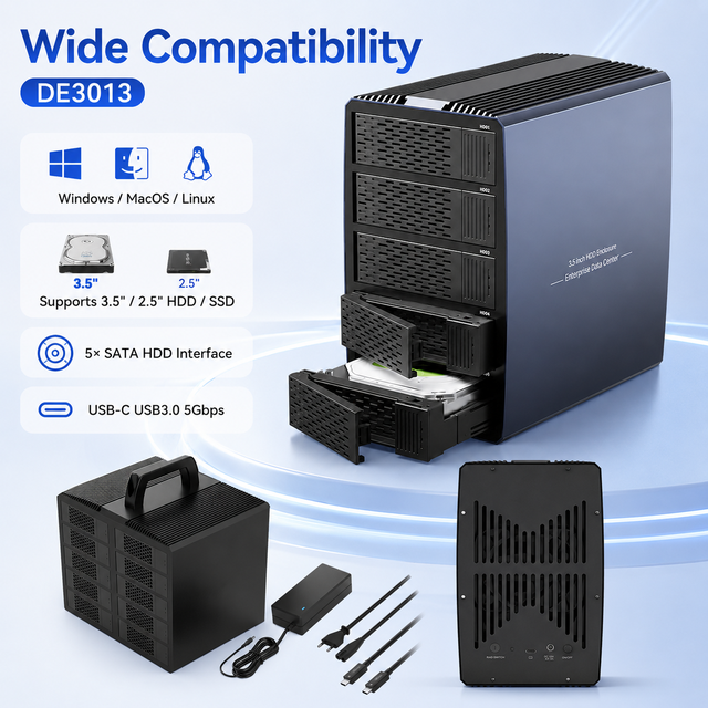 5-Bay SATA HDD/SSD RAID Enclosure, USB-C 5Gbps, 8 RAID Modes (0/1/10/3/5/Large/PM/Cloning), Built-in Fan, DC 12V/8A