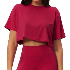 T-shirt court surdimensionné pour femme en 78 % polyamide et 22 % élasthanne, imprimé personnalisé, coupe ample, couleur unie, idéal pour le fitness - Product Image 1