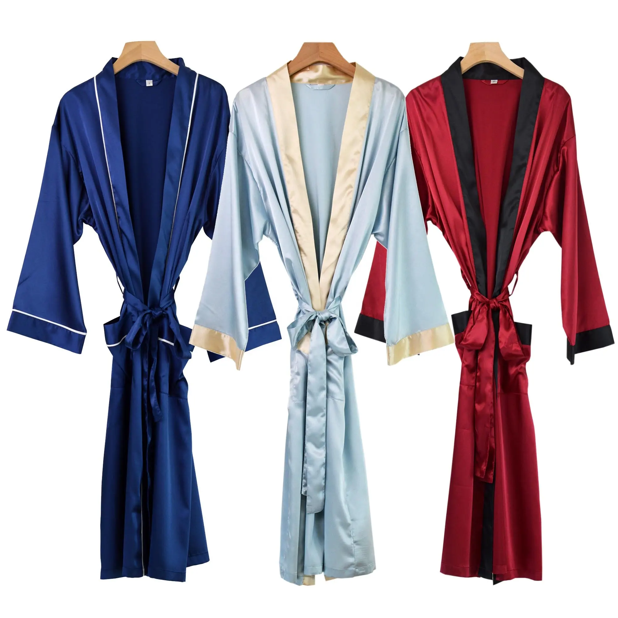 Grosir dan kustom gaun tidur lengan panjang mewah untuk wanita pakaian tidur Kimono sutra Satin jubah pakaian tidur